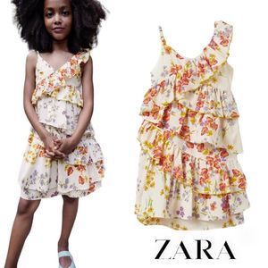 Zara Floral Ruffle Dress - Cream with Orange and Purple